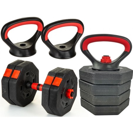 Set fitness 3in1 10kg, Kettlebell, gantera, manere prindere, negru