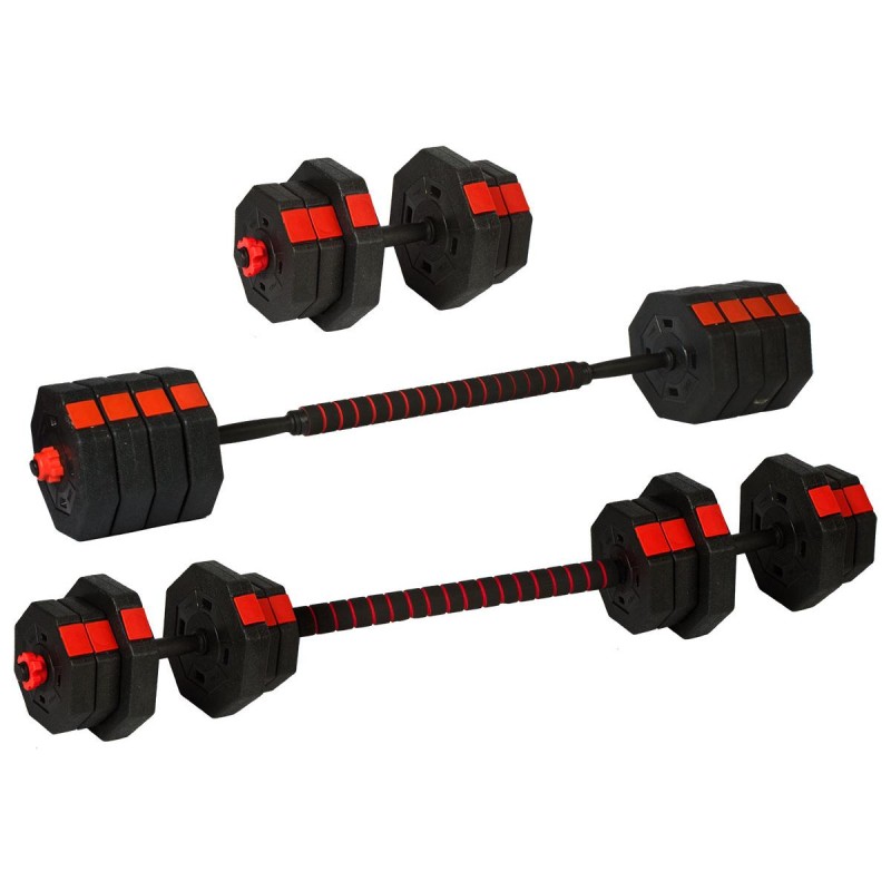 Set gantere si haltera Enero Fit 20kg, maner ergonomic, negru/rosu