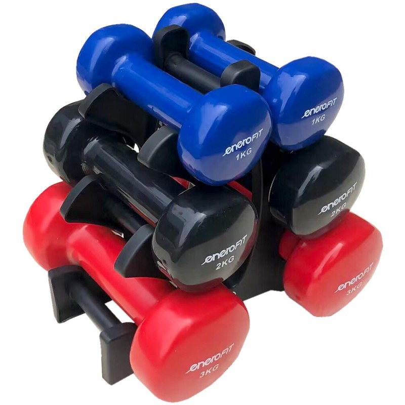 Set 6 gantere cauciucate Enero Fit, 12kg, maner ergonomic, suport inclus, multicolor