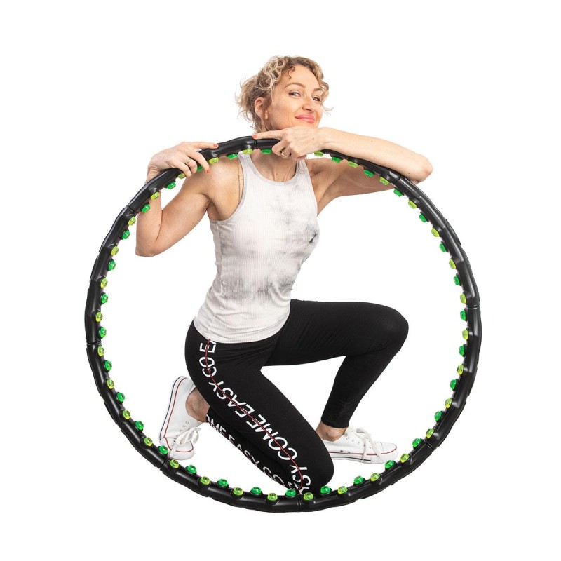 Cerc fitness cu magneti Hula Hoop, 8 segmente, 64 magneti anticelulitici, 98cm, negru/verde