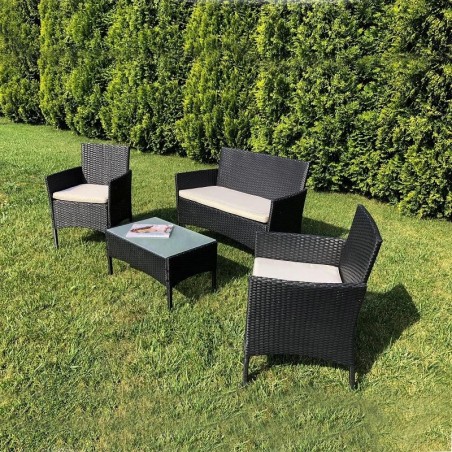 Set mobilier gradina, 4 piese, masuta, fotolii, canapea, model ratan, negru