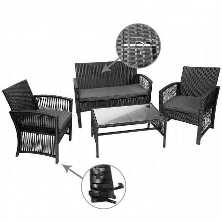 Set mobilier gradina, model ratan, canapea, 2 fotolii, masa de cafea, negru, RESIGILAT