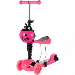 Trotineta buburuza tip scooter cu 3 roti, efecte lumini, inaltime reglabila, frana picior, 61 x 26 x 59 cm, roz