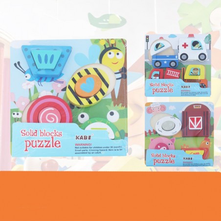 Puzzle educativ din lemn 3D, 18 x 18 x 8.5 cm, multicolor, diverse modele